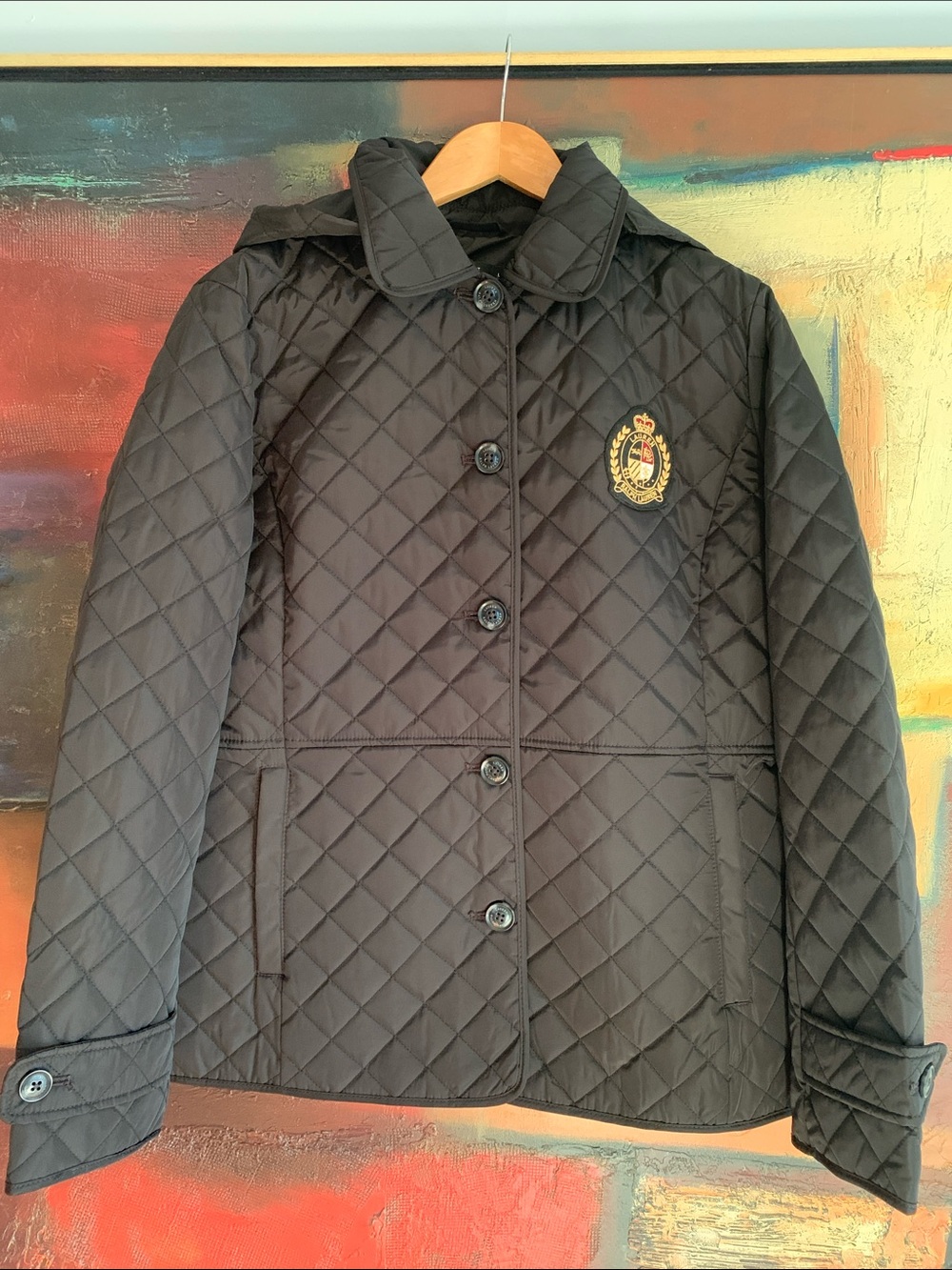 NWT Ralph Lauren Black Quilted Crest Logo Jacket with Removable Hood,  Sz L (M)